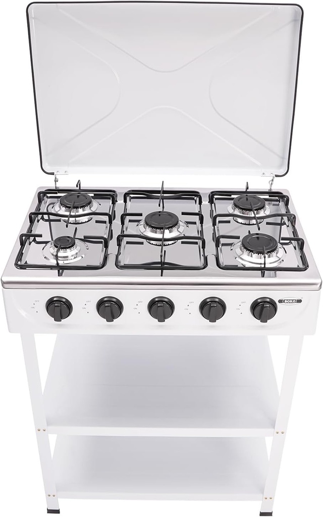 GAS COOKER WITH STAND 5 EYES WITH COVER-White /فرن غاز مع ستاند, 5 عيون مع غطاء - أبيض 