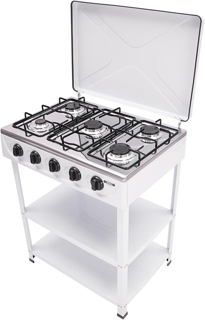 GAS COOKER WITH STAND 5 EYES WITH COVER-White /فرن غاز مع ستاند, 5 عيون مع غطاء - أبيض 
