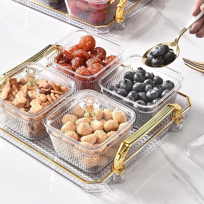 Nuts & Dry Fruit Tray with Lid, Serving Tray with 4 boxes/صينية تقديم المكسرات والفواكه المجففة  تحتوي على 4 علب