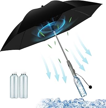 Sun UV Blocking Umbrella With Built-In Fan & Water Spray / مظلة واقية من أشعة الشمس فوق البنفسجية مزودة بمروحة ورذاذ ماء