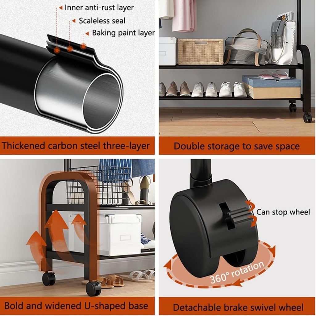 Single Clothes Hanger with 2 Shelves with Wheels 120x46x175cm /علاقة ملابس فردية مع رفين وعجلات