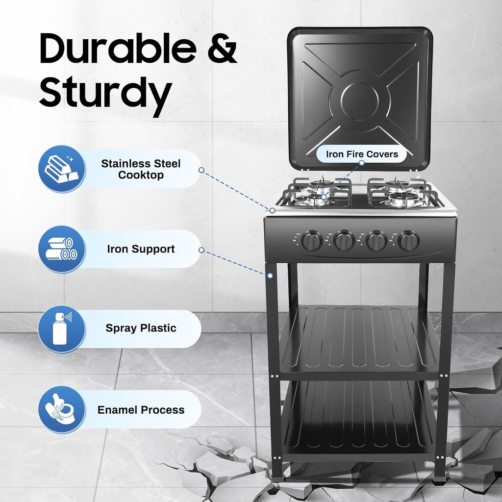 GAS COOKER WITH STAND 4 EYES WITH COVER-BLACK /طباخ غاز مع حامل 4 عيون مع غطاء - أسود