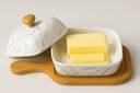 Ceramic Butter Dish with a lid and a wooden base -JD7569-1-H28/طبق زبدة سيراميكي مع غطاء وقاعدة خشبية