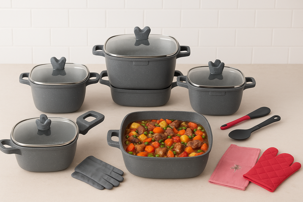 15PCs square cooking set size:20/24/28/32 with 2pcs spade,1 apron and gloves/مجموعة طبخ مربعة مكونة من 15 قطعة مع مجرفتين و مريلة وقفازات