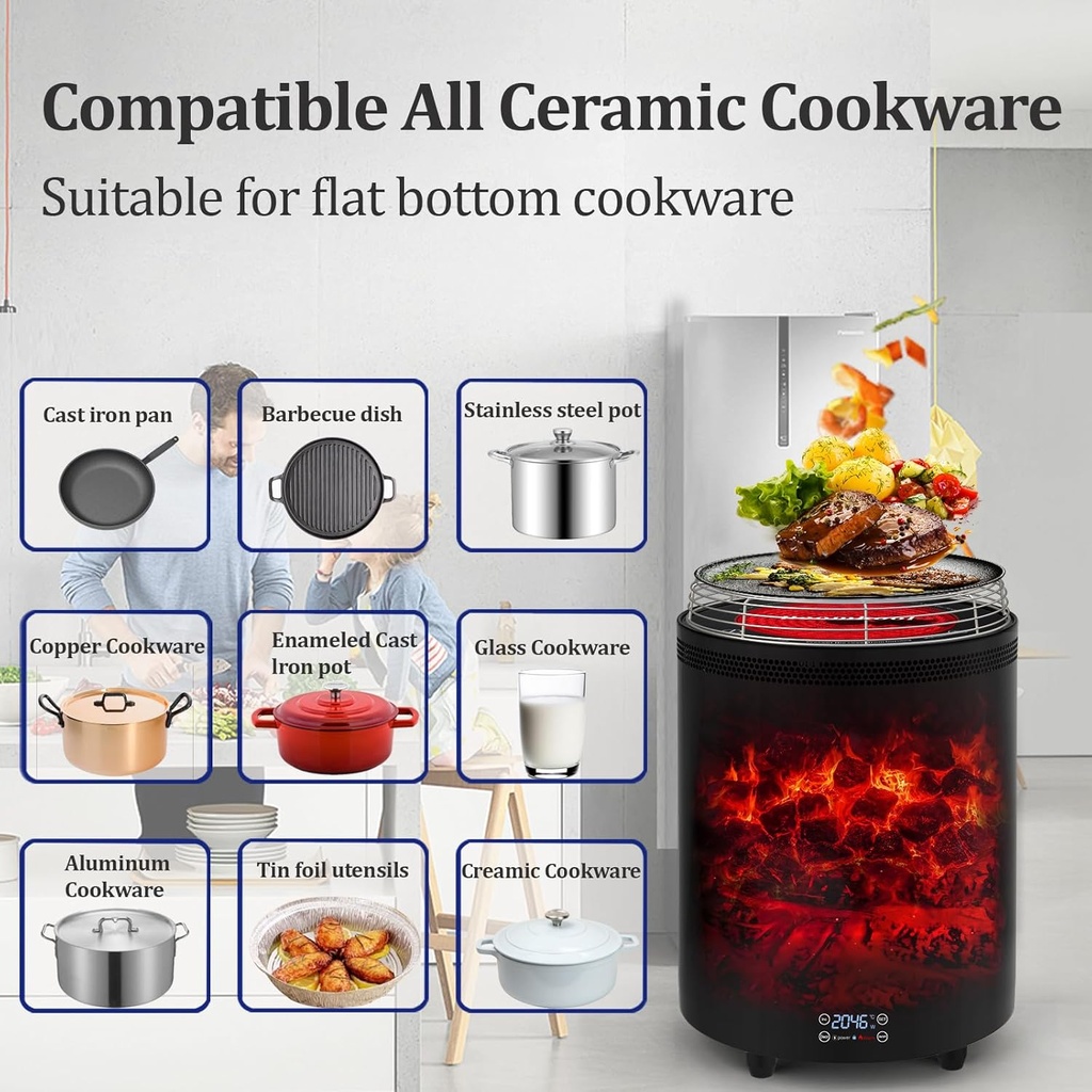 2-in-1 heater for cooking and heating, infrared operation with flame decoration /سخان 2 في 1 للطهي  و التدفئة ، يعمل بالأشعة تحت الحمراء مع ديكور لهب