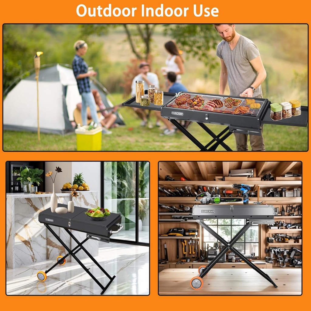 Outdoor BBQ Charcoal Grill with Side Table, Foldable with Wheels 76x37x78cm/شواية فحم خارجية مع طاولة جانبية، قابلة للطي بعجلات