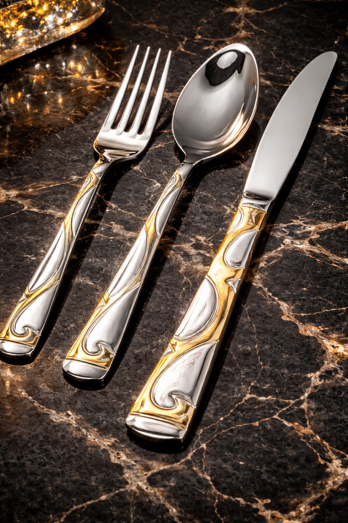 Gold Line Design High Quality Stainless Steel 72-Piece Cutlery Set with Box/طقم أدوات مائدة من الفولاذ المقاوم للصدأ عالي الجودة بتصميم ذهبي أنيق، مكون من 72 قطعة، مع علبة...