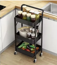 Black foldable 3-tier metal serving rolling cart/عربة تقديم طعام معدنية سوداء قابلة للطي بثلاثة أرفف