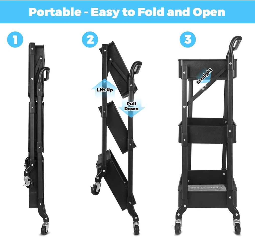 Black foldable 3-tier metal serving rolling cart/عربة تقديم طعام معدنية سوداء قابلة للطي بثلاثة أرفف