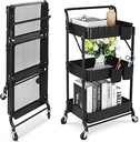 Black foldable 3-tier metal serving rolling cart/عربة تقديم طعام معدنية سوداء قابلة للطي بثلاثة أرفف
