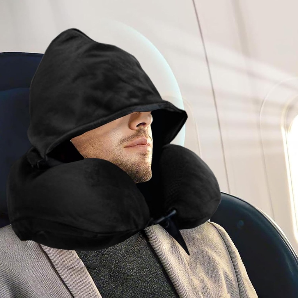 Comfy travel neck pillow with hood\وسادة سفر على شكل حرف U مع غطاء للرقبة
