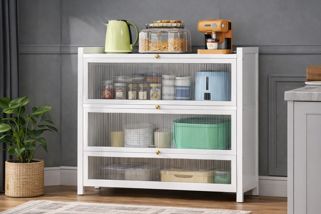 Storage Cabinet Without wheels 80 long 3 layers 2 doors white / خزانة التنظيم 4 ادراج +رف