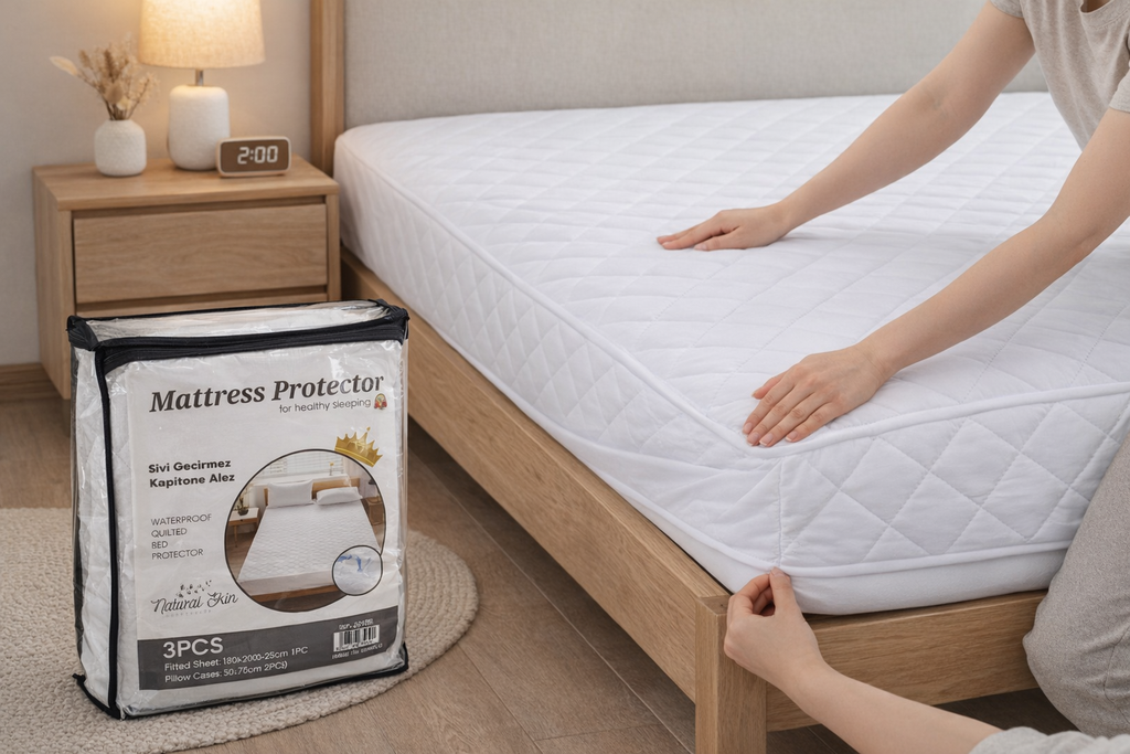 MATTRESS PROTECTOR 180x200+28cm with pillow covers/  غطاء حماية المرتبة مع اغطية الوسادة