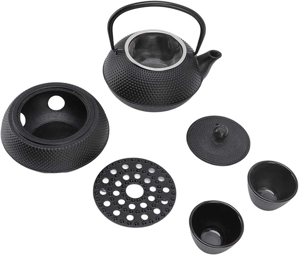 Cast iron teapot set (1.5L teapot, 4 cups, 1 teapot mat, 1 round stove) Black /طقم إبريق شاي من الحديد الزهر (إبريق سعة 1.5 لتر، 4 أكواب، حصيرة إبريق شاي، موقد دائري) أسود