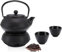 Cast iron teapot set (1.5L teapot, 4 cups, 1 teapot mat, 1 round stove) Black /طقم إبريق شاي من الحديد الزهر (إبريق سعة 1.5 لتر، 4 أكواب، حصيرة إبريق شاي، موقد دائري) أسود