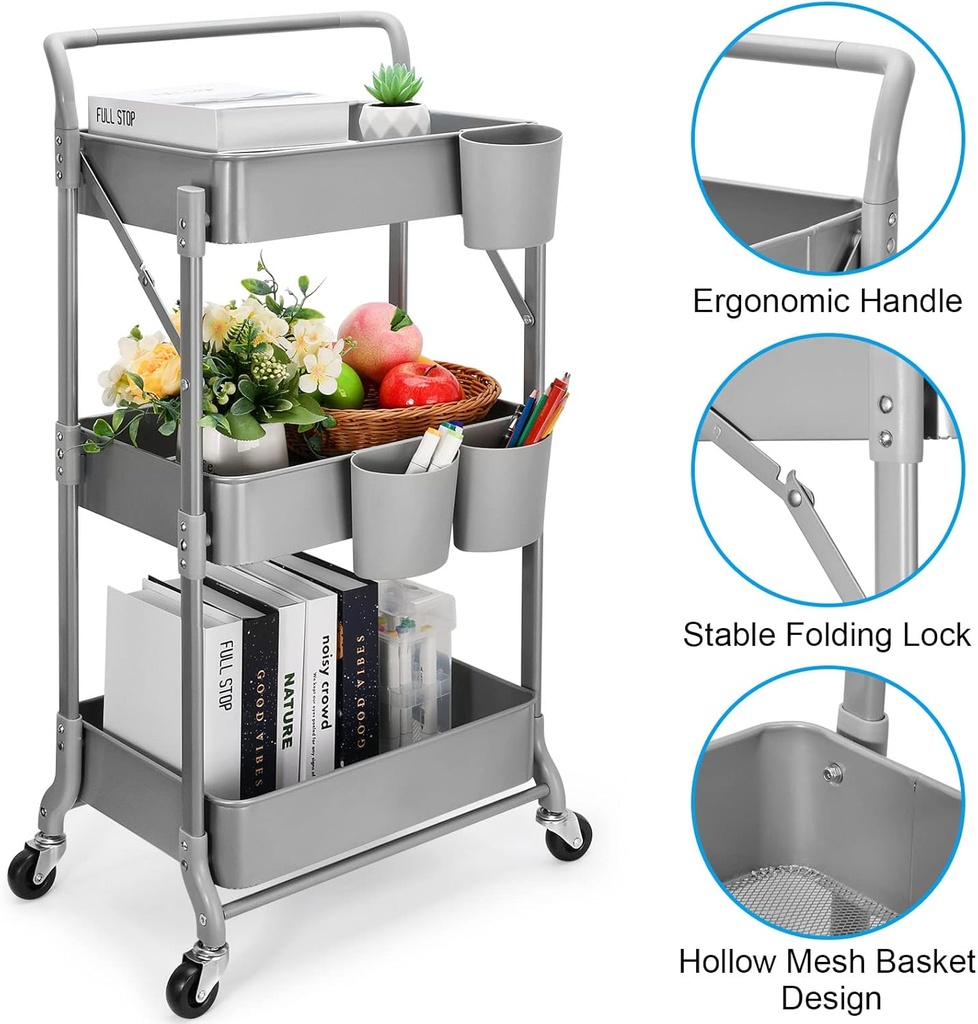 Gray foldable 3-tier metal serving rolling cart/عربة تقديم معدنية رمادية قابلة للطي بثلاثة أرفف