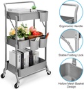 Gray foldable 3-tier metal serving rolling cart/عربة تقديم معدنية رمادية قابلة للطي بثلاثة أرفف