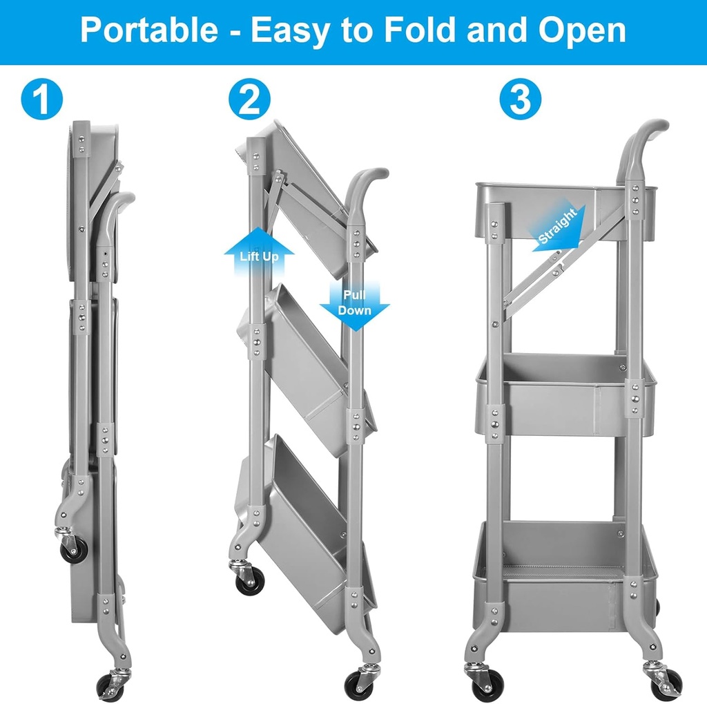 Gray foldable 3-tier metal serving rolling cart/عربة تقديم معدنية رمادية قابلة للطي بثلاثة أرفف