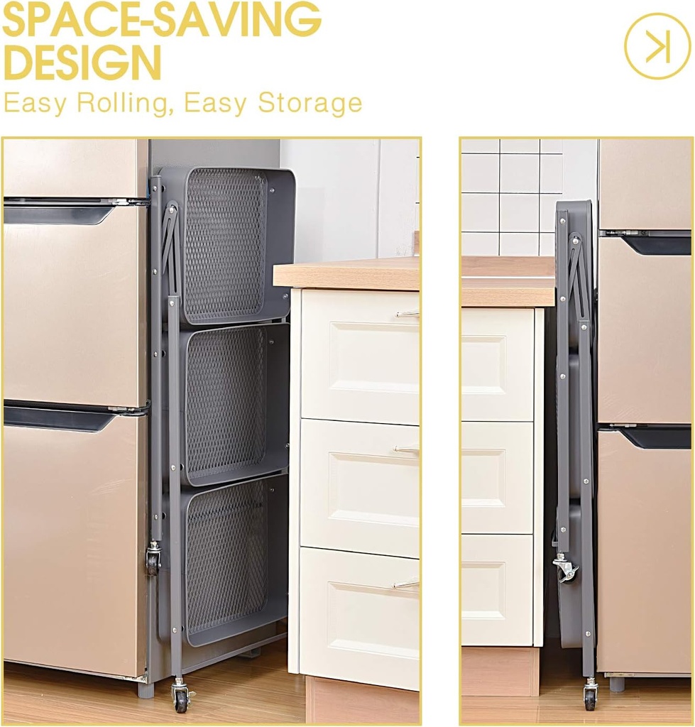 Gray foldable 3-tier metal serving rolling cart/عربة تقديم معدنية رمادية قابلة للطي بثلاثة أرفف