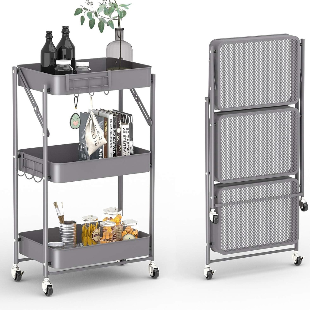 Gray foldable 3-tier metal serving rolling cart/عربة تقديم معدنية رمادية قابلة للطي بثلاثة أرفف