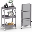 Gray foldable 3-tier metal serving rolling cart/عربة تقديم معدنية رمادية قابلة للطي بثلاثة أرفف