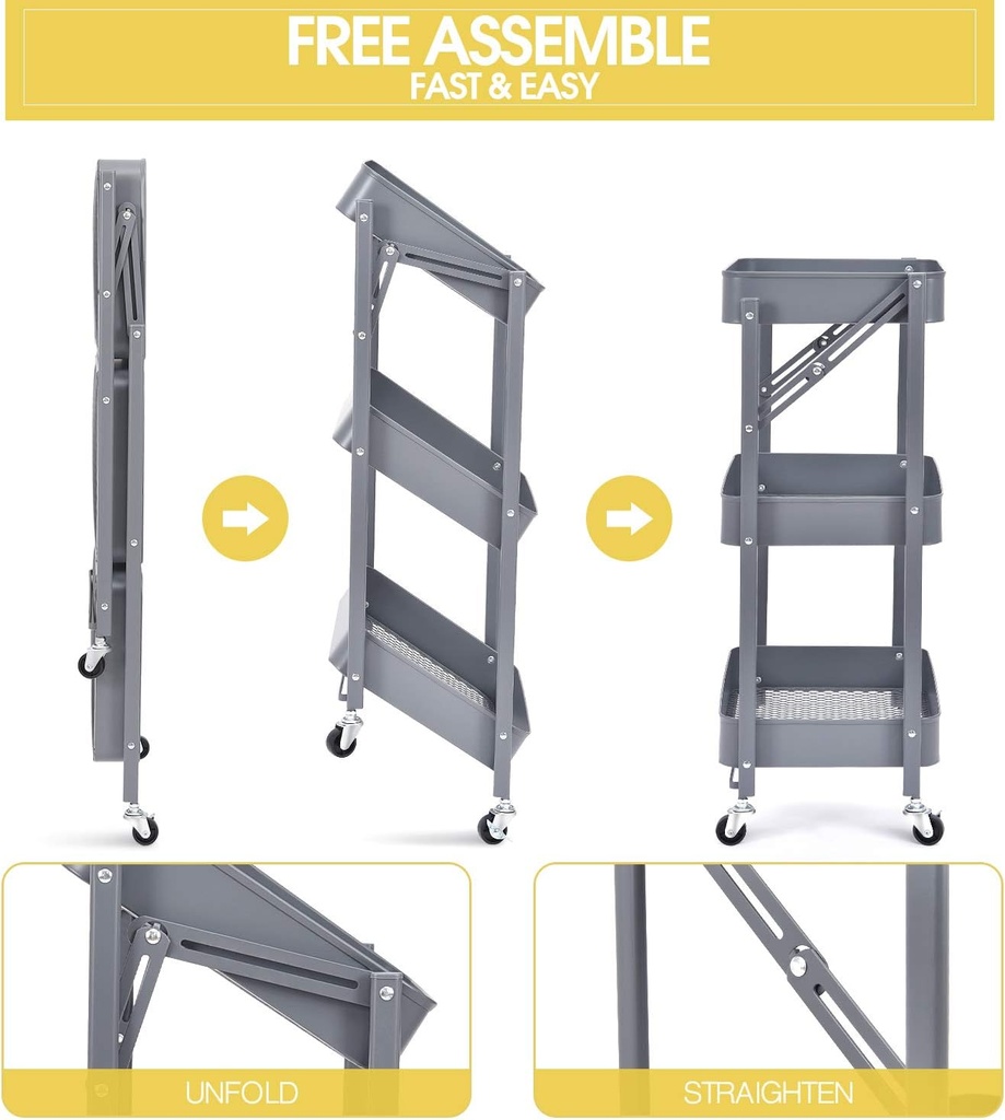 Gray foldable 3-tier metal serving rolling cart/عربة تقديم معدنية رمادية قابلة للطي بثلاثة أرفف
