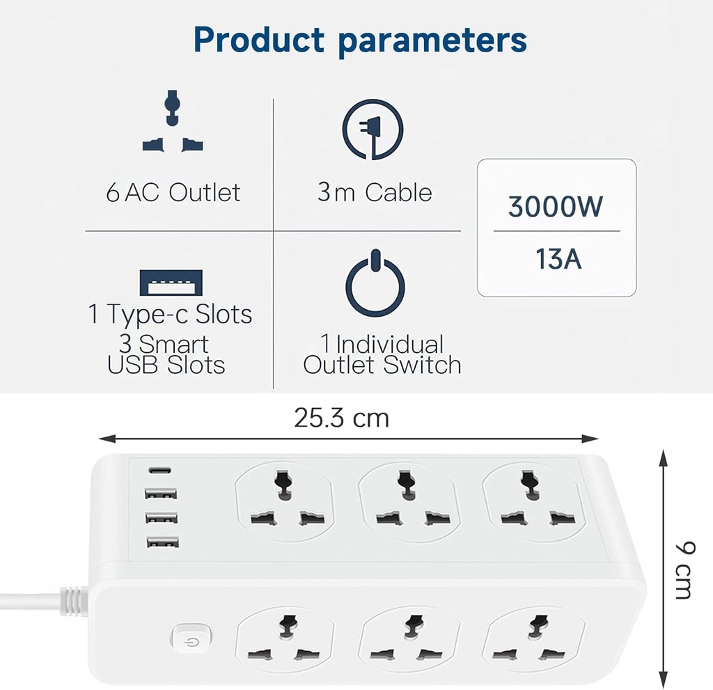 POWER SOCKET MODEL D13 6-Outlet + 3 USB + 1 TYPE C, 3M/مقبس طاقة 6منافذ + 3 USB  + واحد TYPE C بطول 3 امتار