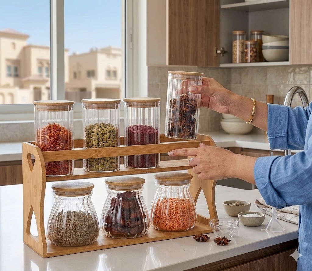 SPICES ORGANIZER WOODEN SET WITH 7 JARS/منظم توابل خشبي مع 7 مرطبانات
