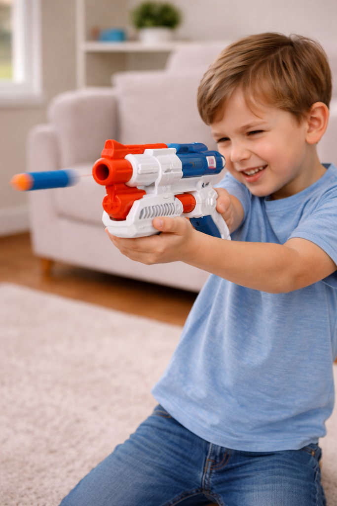 KIDS SPACE GUN TOY with cans/لعبة مسدس الفضاء للأطفال مع علب