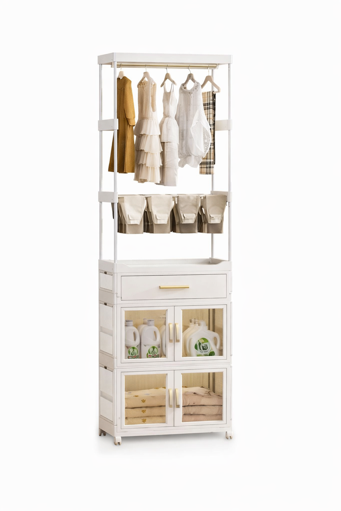 Long Clothes Rack with Drawers and Storage Cabinets 3 shelves/رف ملابس طويل مع أدراج تخزين 3 رفوف