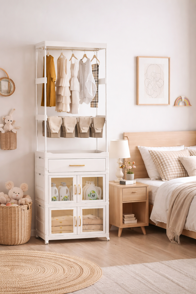 Long Clothes Rack with Drawers and Storage Cabinets 3 shelves/رف ملابس طويل مع أدراج تخزين 3 رفوف