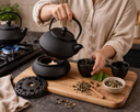 Cast iron teapot set (1.2L teapot, 4 cups, 1 teapot mat, 1 round stove) Black /طقم إبريق شاي من الحديد الزهر (إبريق سعة 1.2 لتر، 4 أكواب، حصيرة إبريق شاي، موقد دائري) أسود