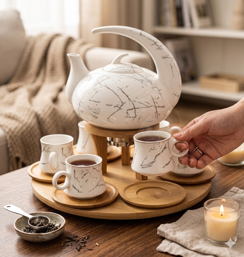 Modern Ceramic Marble Tea Set with a bamboo rack -JD7791-H28/طقم شاي رخامي سيراميكي حديث مع رف من الخيزران