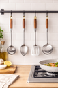 Stainless Steel Kitchen Cooking Utensils set with Wooden Handle/طقم أدوات مطبخ من الفولاذ المقاوم للصدأ بمقابض خشبية