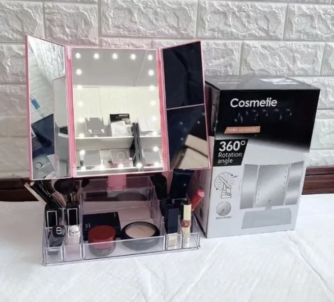 COSMETIE MAKEUP MIRROR 2 /2 مرآة مع مصباح ومنظم لمستحضرات التجميل