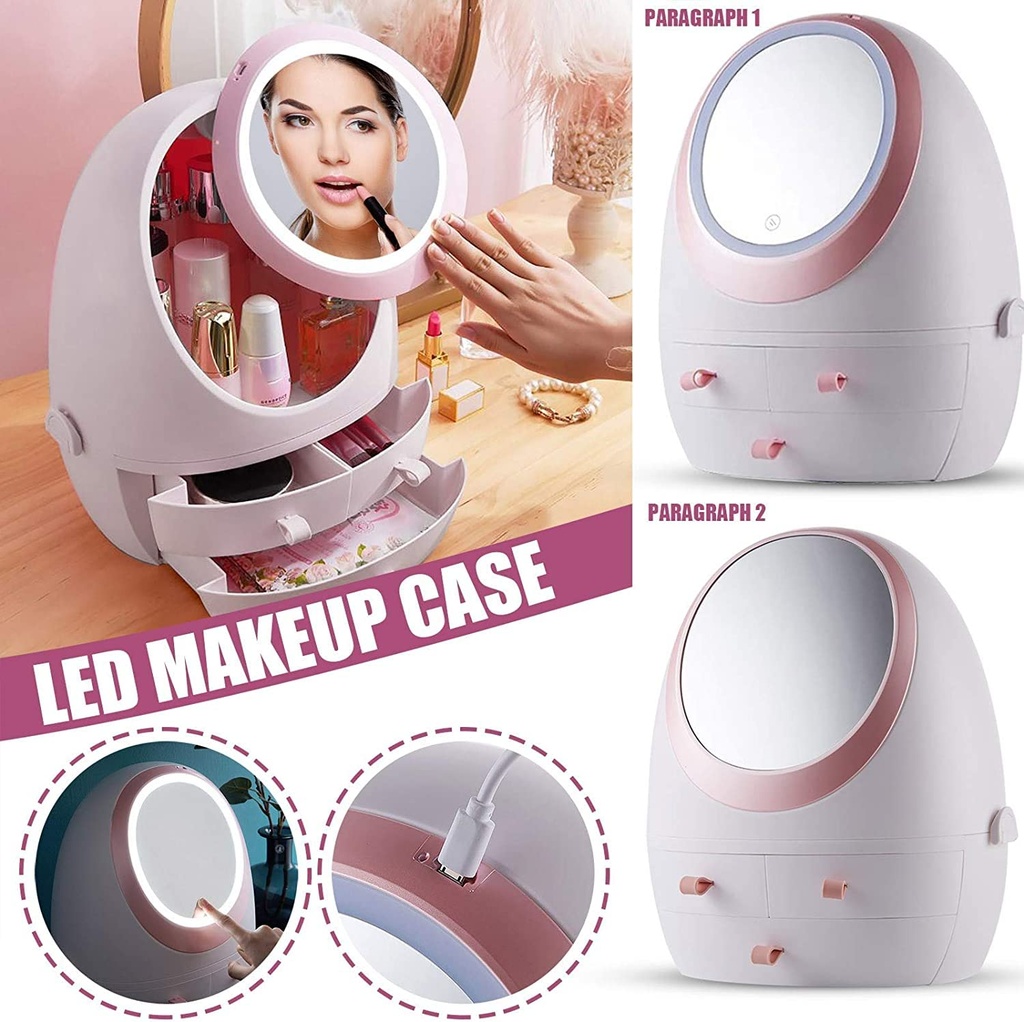 Cosmetic Storage Box with Led Lighted Mirror/منظم ادوات المكياج مع ضوء ليد