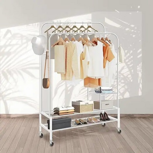 (A&M) Steel Double clothes hanger with side shelves 155x110x25cm /  (A&M) علاقة ملابس مزدوجة من الفولاذ مع أرفف جانبية