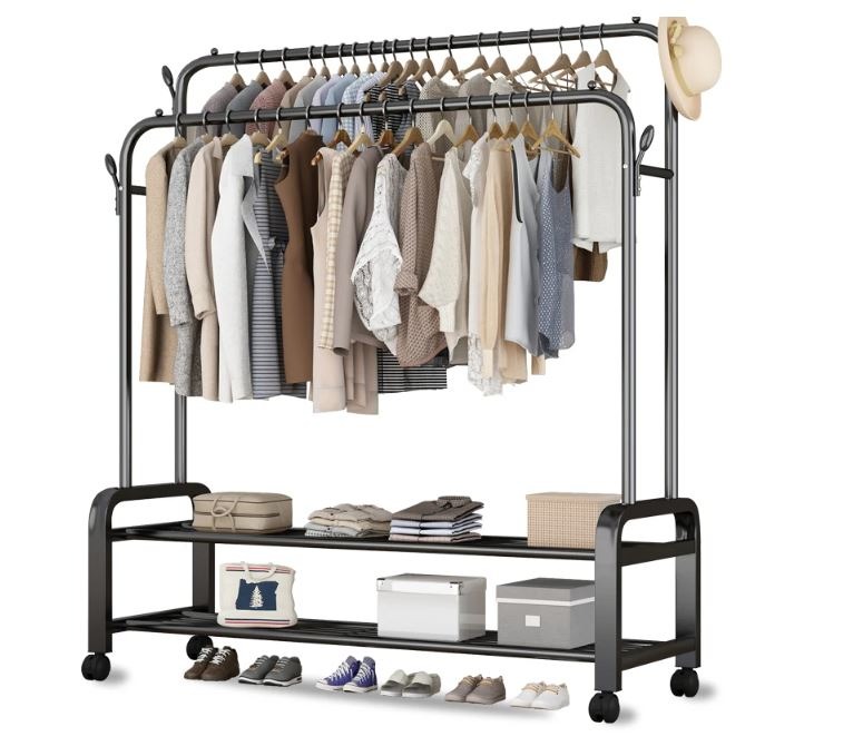 (A&M) Plastic Double clothes hanger with 2 shelves + wheels, 60kg 170x110x30cm /علاقة الملابس البلاستيكA&M المزدوجة مع رفين + عجلات 60 كيلو