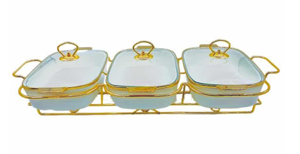 3 Ceramic chafing white dishes with a gold-plated metal stand/3 اطباق سيراميك بيضاء مع حامل معدني مطلي بالذهبي