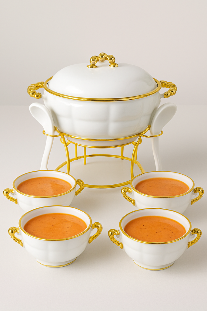 Fancy Ceramic Soup Tureen Bowl Set with 6 cups JC8077-L1 White /مجموعة أوعية حساء سيراميك فاخرة مكونة من 6 قطع 