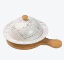 Ceramic Butter Dish with a lid and a wooden base -JD7811-2-H28/ طبق زبدة سيراميكي مع غطاء وقاعدة خشبية