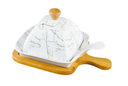 Ceramic Butter Dish with a lid and a wooden base -JD7569-2-H28/ طبق زبدة سيراميكي مع غطاء وقاعدة خشبية