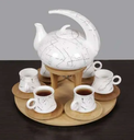 Modern Ceramic Marble Tea Set with a bamboo rack -JD7791-H28/طقم شاي رخامي سيراميكي حديث مع رف من الخيزران