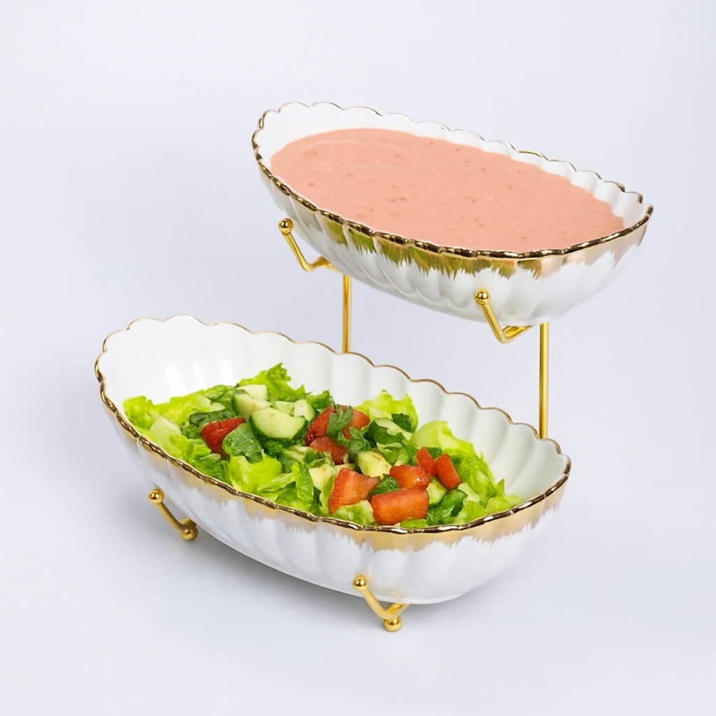 2 White Serving bowls with a metal golden stand JD8581-LS Medium/2 وعاء تقديم أبيض مع حامل معدني ذهبي متوسط
