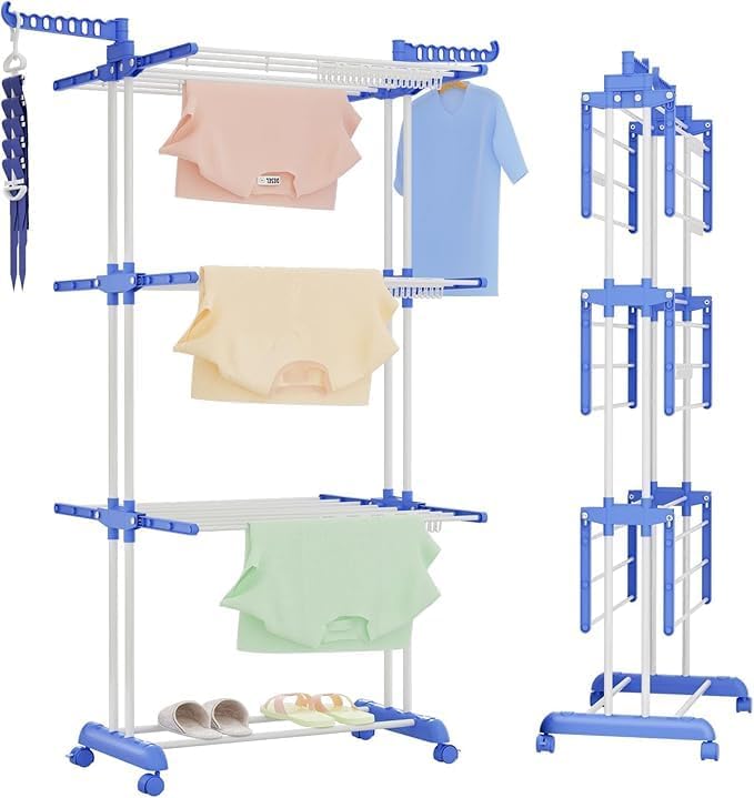 Heavy Duty Stainless Steel Foldable 3 Layer Clothes Drying Stand/منشر تجفيف الملابس قابل للطي من الفولاذ المقاوم للصدأ شديد التحمل بثلاث طبقات