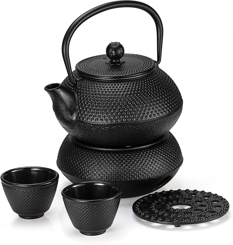 Cast iron teapot set (1.5L teapot, 4 cups, 1 teapot mat, 1 round stove) Black /طقم إبريق شاي من الحديد الزهر (إبريق سعة 1.5 لتر، 4 أكواب، حصيرة إبريق شاي، موقد دائري) أسود
