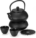 Cast iron teapot set (1.5L teapot, 4 cups, 1 teapot mat, 1 round stove) Black /طقم إبريق شاي من الحديد الزهر (إبريق سعة 1.5 لتر، 4 أكواب، حصيرة إبريق شاي، موقد دائري) أسود