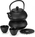 Cast iron teapot set (1.2L teapot, 4 cups, 1 teapot mat, 1 round stove) Black /طقم إبريق شاي من الحديد الزهر (إبريق سعة 1.2 لتر، 4 أكواب، حصيرة إبريق شاي، موقد دائري) أسود