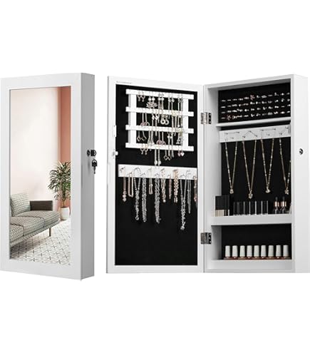 LED Jewelry Cabinet Mirror Wood - 26 x 35 cm White /خزانة مجوهرات بإضاءة LED، مرآة خشبية - 26 × 35 سم، أبيض