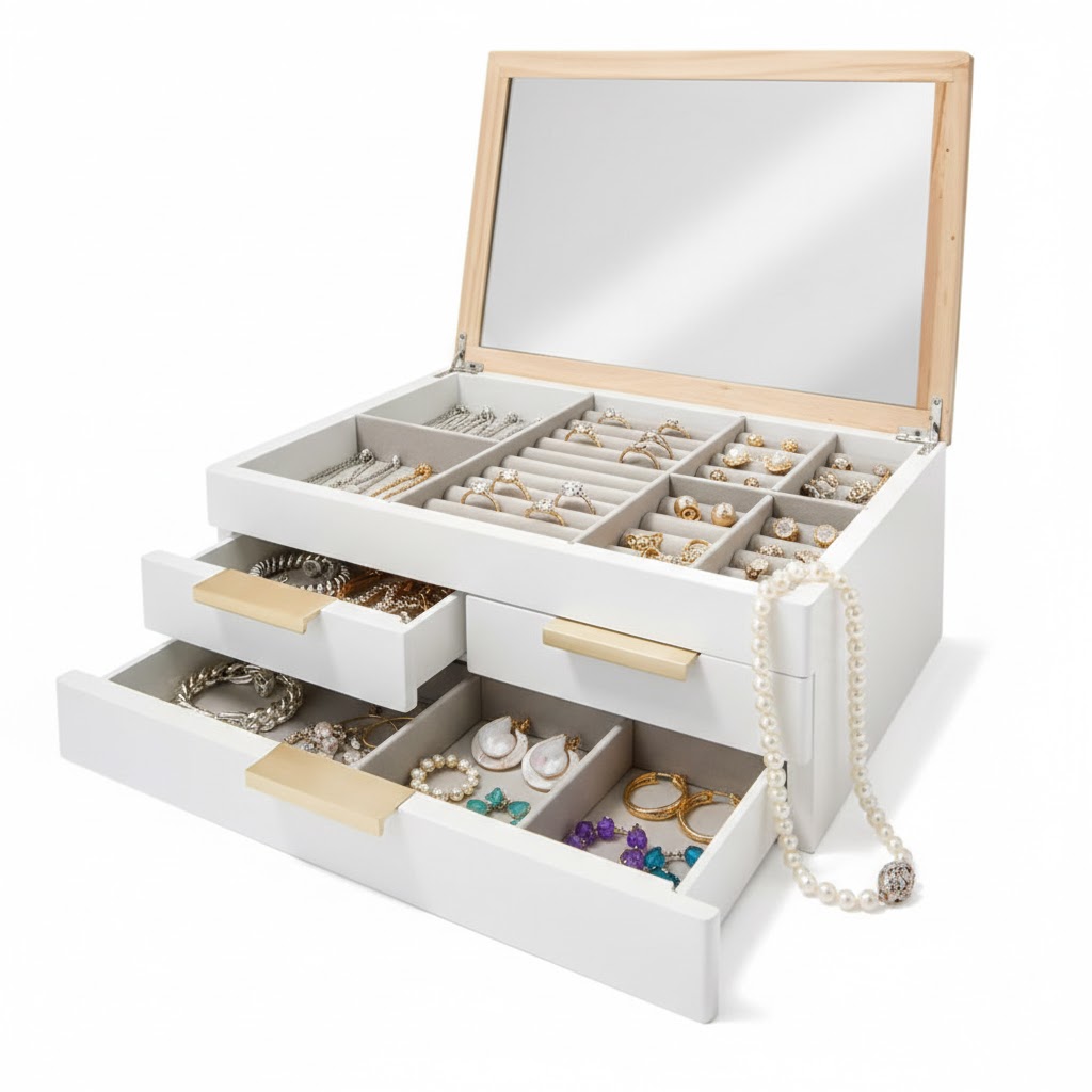 Wooden Accessory Organizer Box 3 Drawers/ صندوق تنظيم اكسسوارات بأدراج خشب